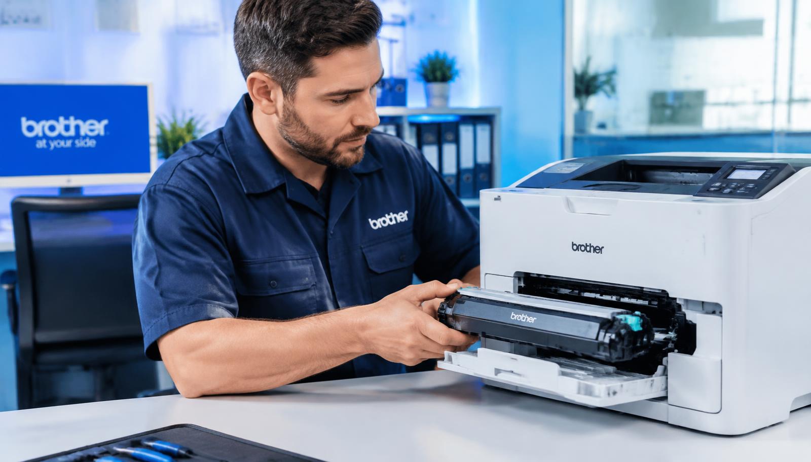 Technician servicing a Brother printer onsite
